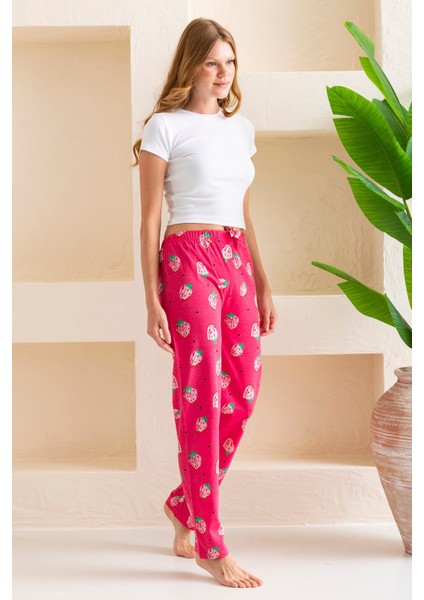 Kadın Beli Lastikli Çilek Desenli Pamuklu Pijama Altı Fuşya - 2055 modelleri