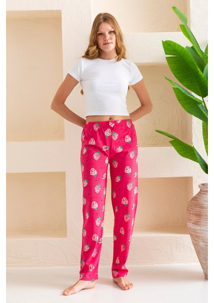 Kadın Beli Lastikli Çilek Desenli Pamuklu Pijama Altı Fuşya - 2055 fırsatları