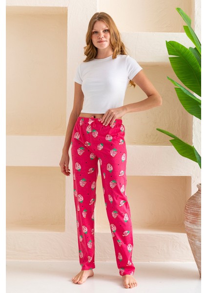 Kadın Beli Lastikli Çilek Desenli Pamuklu Pijama Altı Fuşya - 2055 indirimleri
