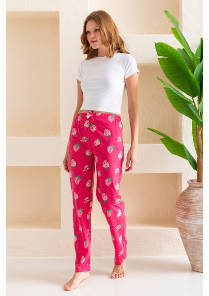 Kadın Beli Lastikli Çilek Desenli Pamuklu Pijama Altı Fuşya - 2055