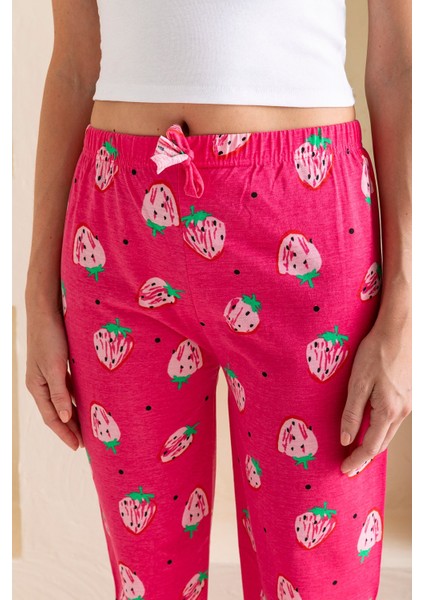 Kadın Beli Lastikli Çilek Desenli Pamuklu Pijama Altı Fuşya - 2055
