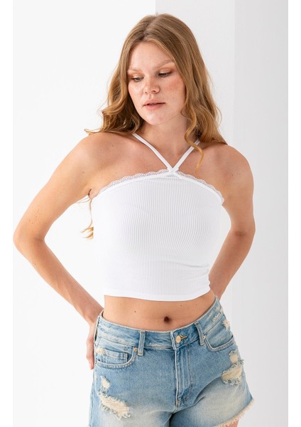 Kadın Çapraz Askılı Dantel Detaylı Crop Body Beyaz - MS0000309