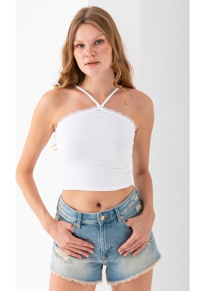 Kadın Çapraz Askılı Dantel Detaylı Crop Body Beyaz - MS0000309 fiyatları