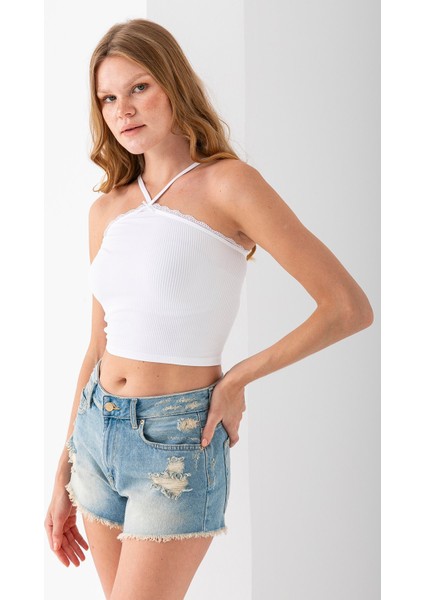 Kadın Çapraz Askılı Dantel Detaylı Crop Body Beyaz - MS0000309 fırsatları