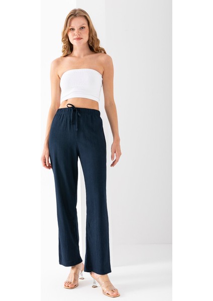 Kadın Beli Ayarlanabilir Bol Paça Bürümcük Pantolon Lacivert - 925079
