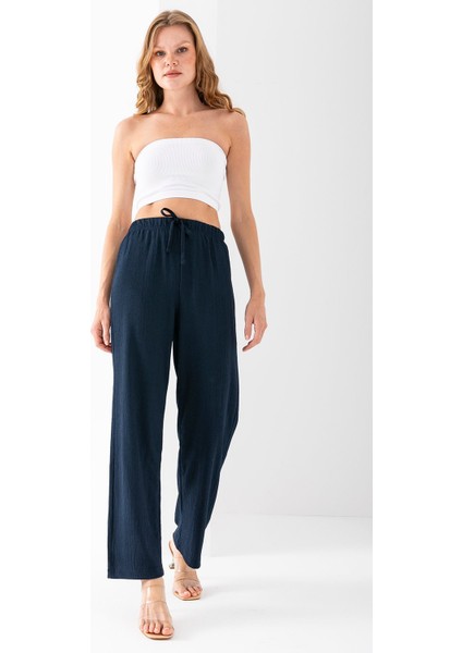 Kadın Beli Ayarlanabilir Bol Paça Bürümcük Pantolon Lacivert - 925079 fiyatları