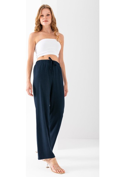 Kadın Beli Ayarlanabilir Bol Paça Bürümcük Pantolon Lacivert - 925079 modelleri