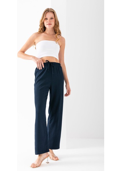 Kadın Beli Ayarlanabilir Bol Paça Bürümcük Pantolon Lacivert - 925079 fırsatları