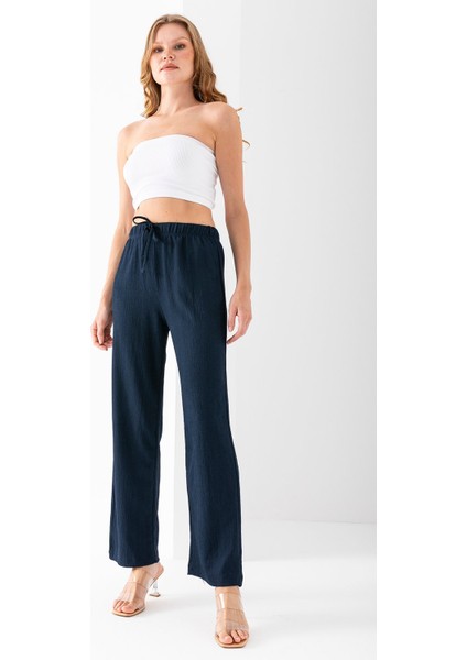 Kadın Beli Ayarlanabilir Bol Paça Bürümcük Pantolon Lacivert - 925079