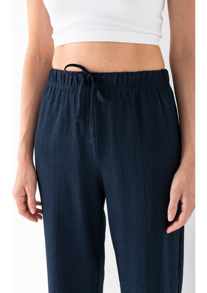 Kadın Beli Ayarlanabilir Bol Paça Bürümcük Pantolon Lacivert - 925079