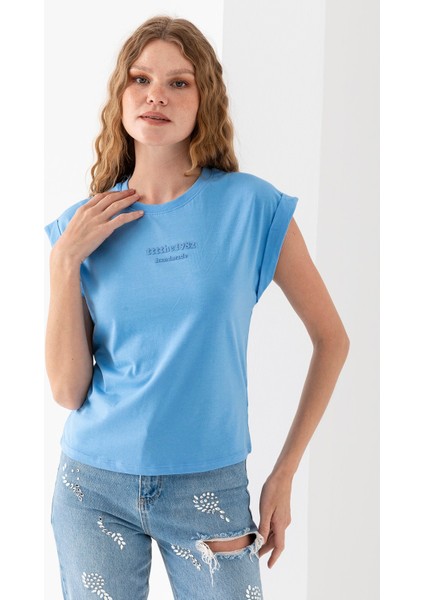 Kadın Bisiklet Yaka Baskılı Pamuklu T-Shirt Mavi - 925010