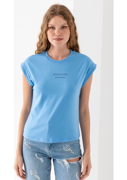Kadın Bisiklet Yaka Baskılı Pamuklu T-Shirt Mavi - 925010 fiyatları