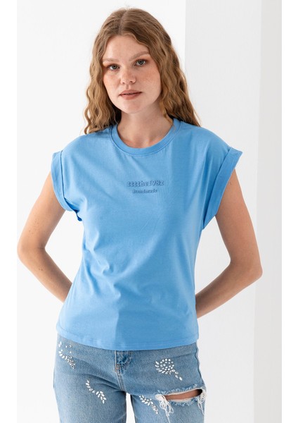 Kadın Bisiklet Yaka Baskılı Pamuklu T-Shirt Mavi - 925010 modelleri