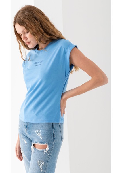 Kadın Bisiklet Yaka Baskılı Pamuklu T-Shirt Mavi - 925010 indirimleri