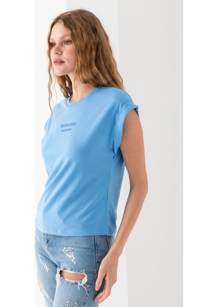Kadın Bisiklet Yaka Baskılı Pamuklu T-Shirt Mavi - 925010