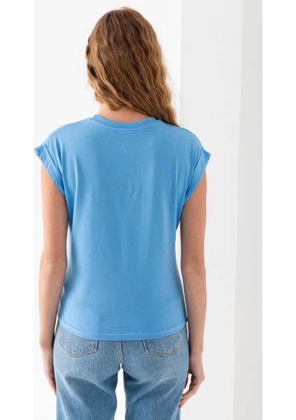 Kadın Bisiklet Yaka Baskılı Pamuklu T-Shirt Mavi - 925010
