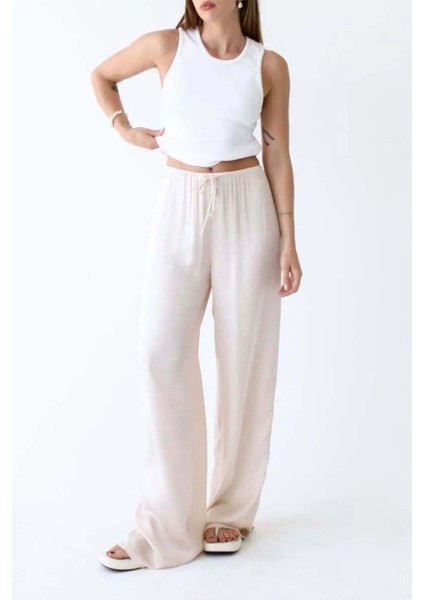 Yüksek Bel Relaxed Cape Pant - Ayarlanabilir Çizgili Bel ve Düşük Saten