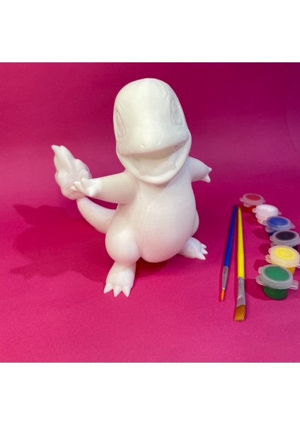 Charmander Figür Boyama Seti | 15 cm | 3D Yazıcı Üretimi + 6 Renk Akrilik Boya + 2 Fırça