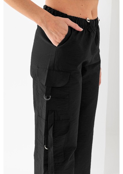 Kadın Beli ve Paçaları Stoperli Kargo Cep Paraşüt Pantolon Siyah - 25664