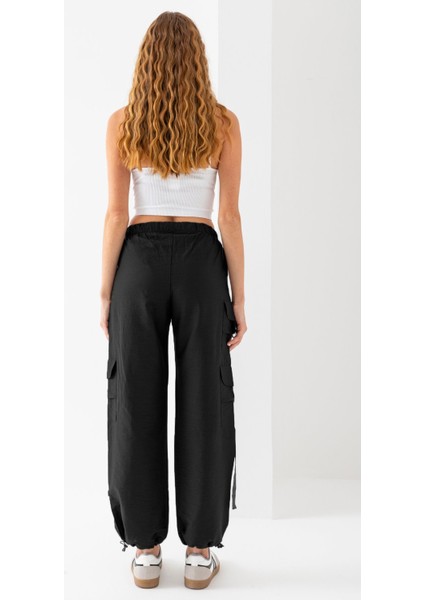 Kadın Beli ve Paçaları Stoperli Kargo Cep Paraşüt Pantolon Siyah - 25664