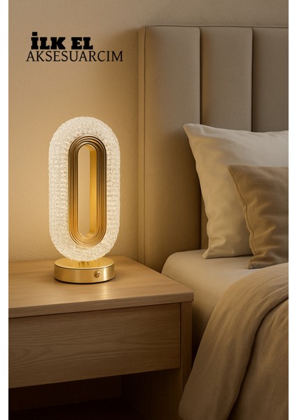 Barotti DMR-8800 3 Renk Dokunmatik Kristal Masa Lambası | USB Şarjlı Mika Gold Tasarım 12X26 cm