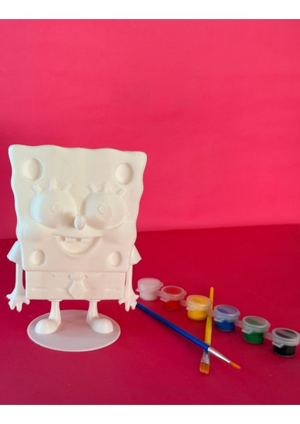 Süngerbob Figür Boyama Seti – 15 cm | 3D Yazıcı Üretimi | 6 Renk Akrilik Boya + 2 Fırça