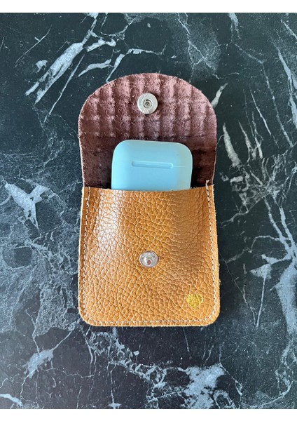 -Kare Model Kahverengi Hasır &taba Gold Kalpli Hakiki Deri Airpod Kılıfı / Mini Bozuk Para Cüzdanı indirimleri
