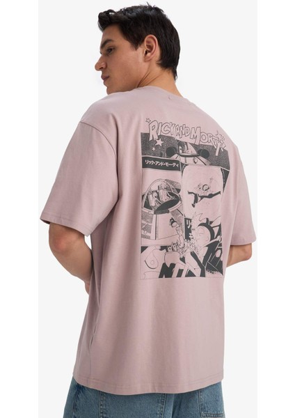 %100 Pamuk Rick and Morty Boxy Fit Rahat Kesim Bisiklet Yaka Sırt Baskılı Kısa Kollu Tişört E9289AX25AU