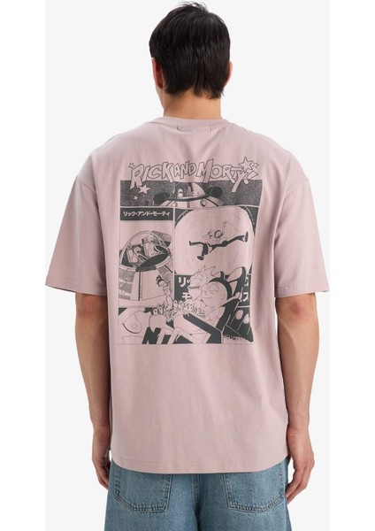 %100 Pamuk Rick and Morty Boxy Fit Rahat Kesim Bisiklet Yaka Sırt Baskılı Kısa Kollu Tişört E9289AX25AU