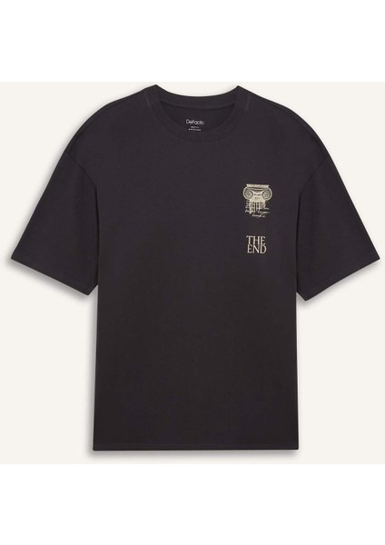 %100 Pamuk Boxy Fit Rahat Kesim Bisiklet Yaka Sırt Baskılı Kısa Kollu Tişört F1092AX25AU