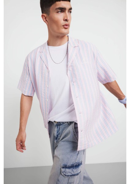 Relax Fit Apaş Yaka Baskılı Dokuma Çizgili Kısa Kollu Gömlek F5746AX25AU