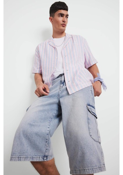 Relax Fit Apaş Yaka Baskılı Dokuma Çizgili Kısa Kollu Gömlek F5746AX25AU fiyatları
