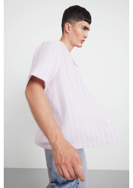 Relax Fit Apaş Yaka Baskılı Dokuma Çizgili Kısa Kollu Gömlek F5746AX25AU fırsatları