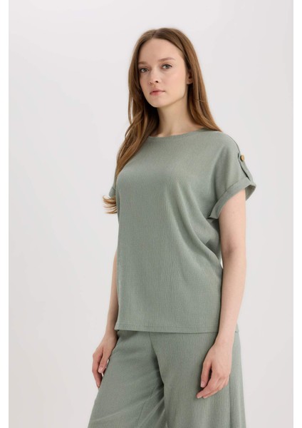 Regular Fit Bisiklet Yaka Bürümcük Kısa Kollu Tişört D3198AX25SP fırsatları