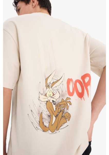 %100 Pamuk Looney Tunes Boxy Fit Bisiklet Yaka Sırt Baskılı Kısa Kollu Tişört E9292AX25AU