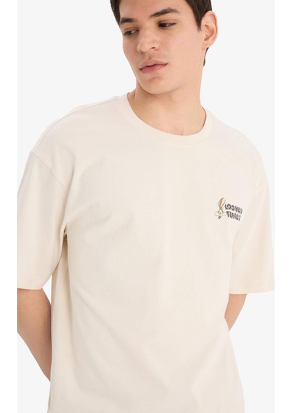 %100 Pamuk Looney Tunes Boxy Fit Bisiklet Yaka Sırt Baskılı Kısa Kollu Tişört E9292AX25AU