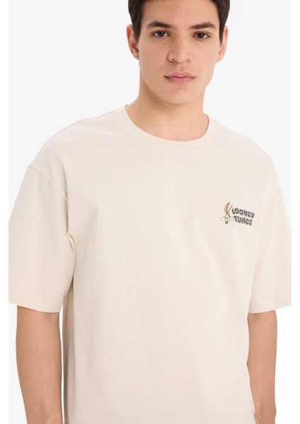 %100 Pamuk Looney Tunes Boxy Fit Bisiklet Yaka Sırt Baskılı Kısa Kollu Tişört E9292AX25AU