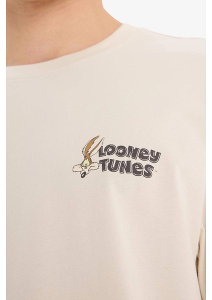 %100 Pamuk Looney Tunes Boxy Fit Bisiklet Yaka Sırt Baskılı Kısa Kollu Tişört E9292AX25AU
