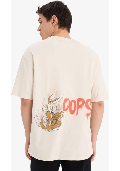 %100 Pamuk Looney Tunes Boxy Fit Bisiklet Yaka Sırt Baskılı Kısa Kollu Tişört E9292AX25AU