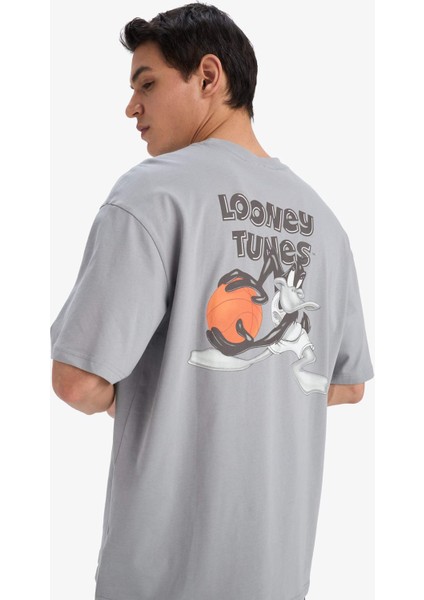 %100 Pamuk Looney Tunes Boxy Fit Bisiklet Yaka Sırt Baskılı Kısa Kollu Tişört E9293AX25AU