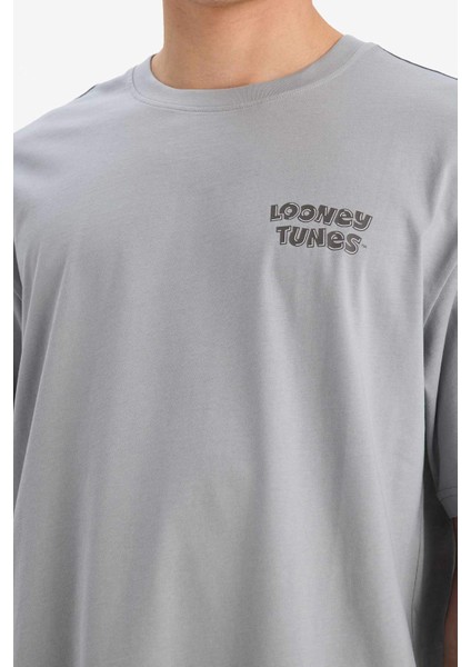 %100 Pamuk Looney Tunes Boxy Fit Bisiklet Yaka Sırt Baskılı Kısa Kollu Tişört E9293AX25AU