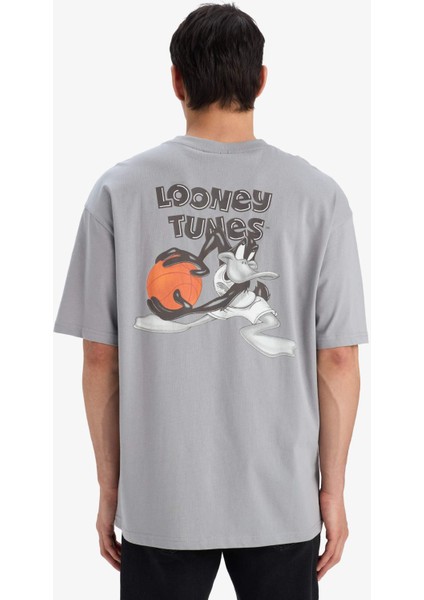 %100 Pamuk Looney Tunes Boxy Fit Bisiklet Yaka Sırt Baskılı Kısa Kollu Tişört E9293AX25AU