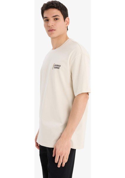 %100 Pamuk Looney Tunes Boxy Fit Rahat Kesim Bisiklet Yaka Sırt Baskılı Kısa Kollu Tişört E9292AX25AU fırsatları