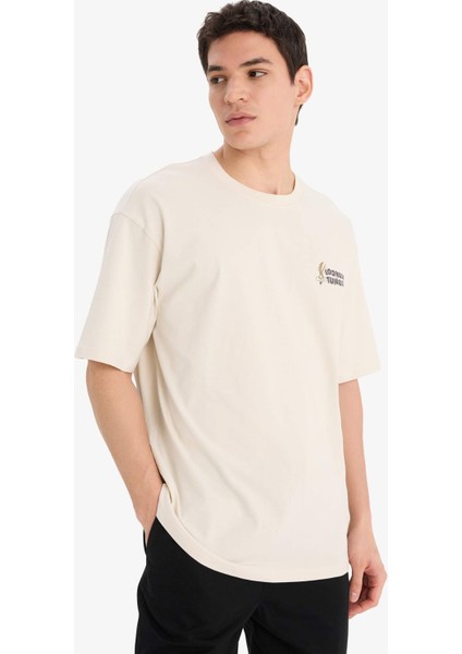 %100 Pamuk Looney Tunes Boxy Fit Rahat Kesim Bisiklet Yaka Sırt Baskılı Kısa Kollu Tişört E9292AX25AU indirimleri