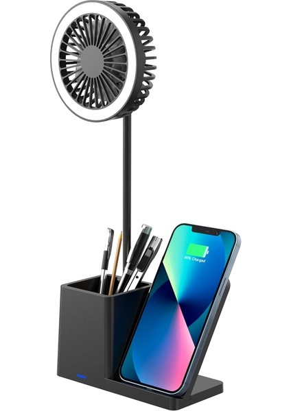 Siyah Type-C 10W Kablosuz Şarj Cihazı Fanlı Kalemlikli Masa Lambası SL-M9055