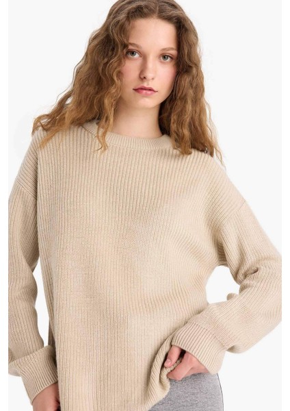 Regular Fit Bisiklet Yaka Selanik Kumaş Basic Düz Triko Kazak modelleri