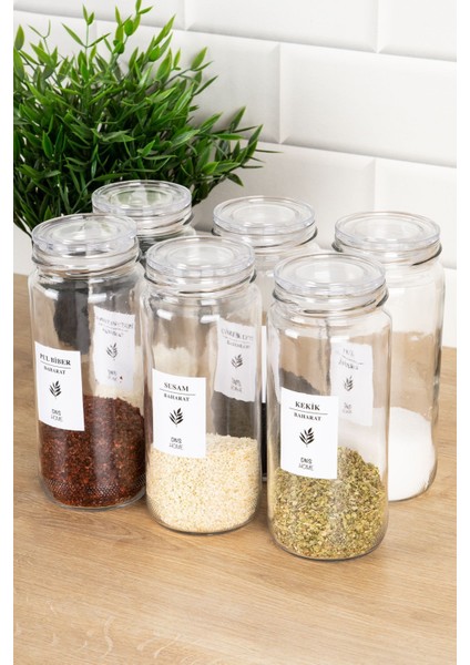 6'lı Cam Kavanoz Seti, Baharatlık ve Saklama Kabı, 500 Ml, Etiketli ve Şık Tasarım