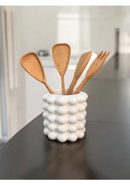 Gözdehobi Tezgah Üstü Kaşıklık | Beyaz Bubble Vazo 5 Boncuklu Seramik Tasarım Kaşıklık
