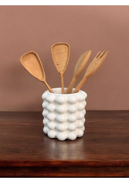 Gözdehobi Tezgah Üstü Kaşıklık | Beyaz Bubble Vazo 5 Boncuklu Seramik Tasarım Kaşıklık modelleri