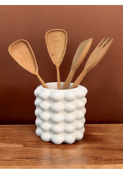 Gözdehobi Tezgah Üstü Kaşıklık | Beyaz Bubble Vazo 5 Boncuklu Seramik Tasarım Kaşıklık indirimleri